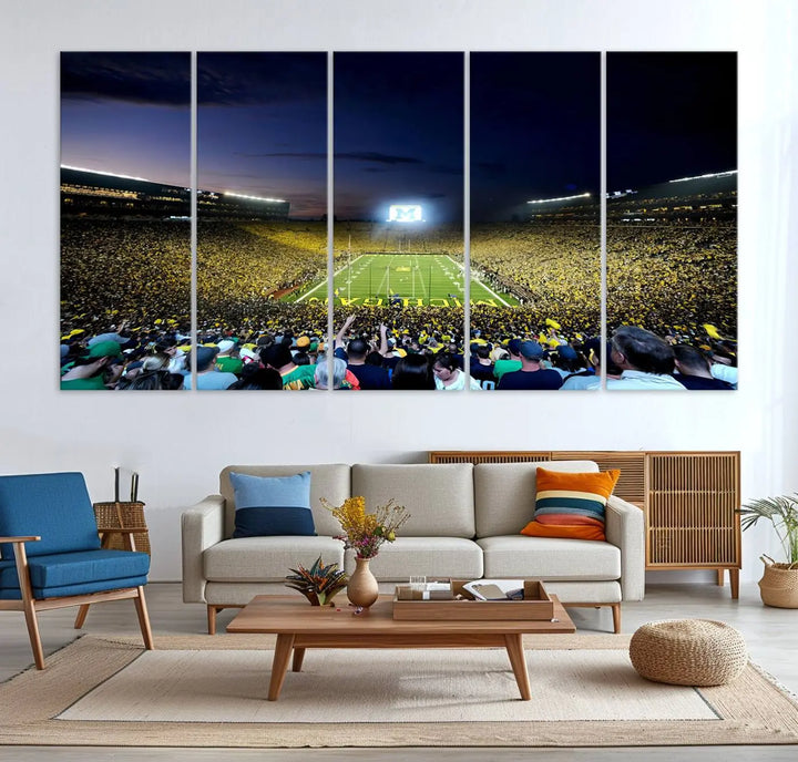 A triptych canvas art titled "University of Michigan Wolverines Football Team Print - Ann Arbor Michigan Stadium Wall Art Canvas Print" hangs prominently, featuring a gallery-quality finish and proudly handmade in the USA.