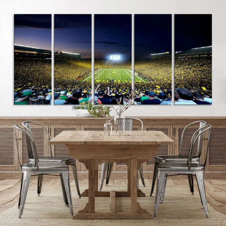 A triptych canvas art titled "University of Michigan Wolverines Football Team Print - Ann Arbor Michigan Stadium Wall Art Canvas Print" hangs prominently, featuring a gallery-quality finish and proudly handmade in the USA.