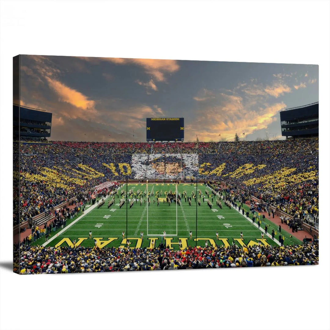 A living room showcases the University of Michigan Wolverines Football Team Print - Ann Arbor Michigan Stadium Wall Art Canvas Print in a triptych style. This stunning piece features a gallery-quality finish on premium canvas, infusing elegance into the space.