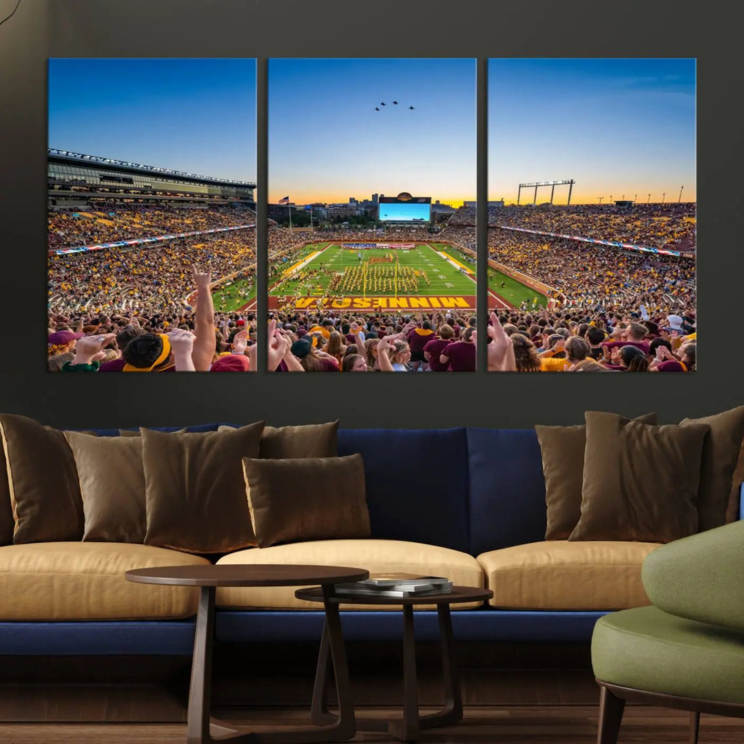 A University of Minnesota Golden Gophers football game at Minneapolis' Huntington Bank Stadium, with jets flying in formation against the backdrop of a sunset, creates such a stunning scene it could be perfectly captured on premium canvas as wall art.