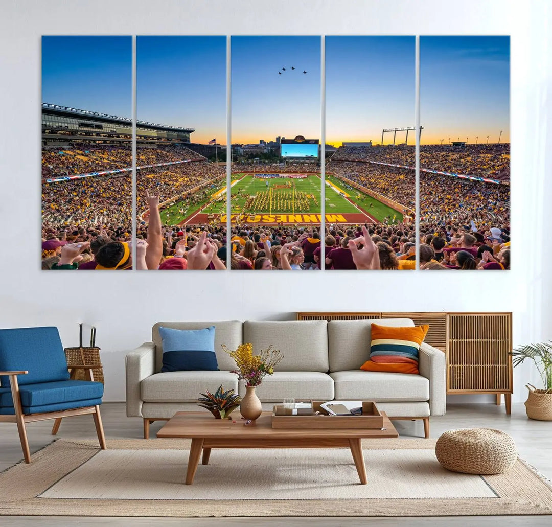 A University of Minnesota Golden Gophers football game at Minneapolis' Huntington Bank Stadium, with jets flying in formation against the backdrop of a sunset, creates such a stunning scene it could be perfectly captured on premium canvas as wall art.