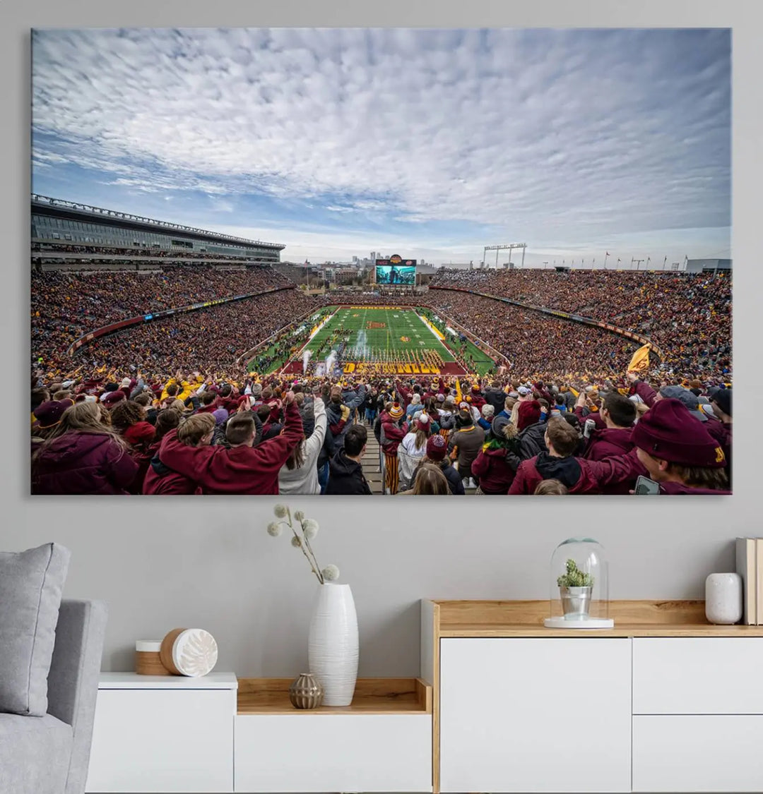 The University of Minnesota Golden Gophers Football Team Print - Minneapolis Huntington Bank Stadium Wall Art Canvas Print features a gallery-quality finish. This premium canvas adds a touch of elegance to your space.