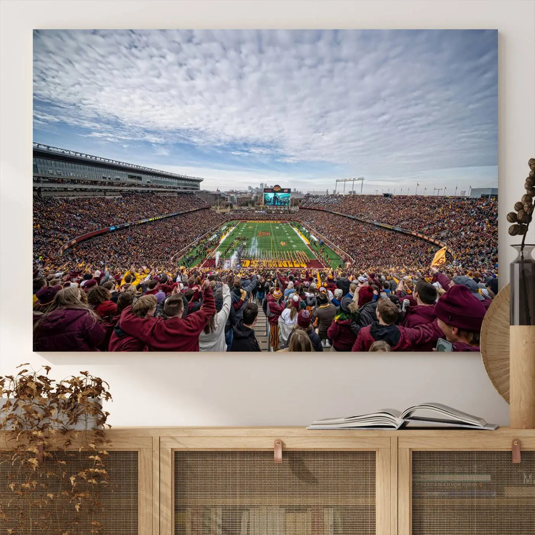 The University of Minnesota Golden Gophers Football Team Print - Minneapolis Huntington Bank Stadium Wall Art Canvas Print features a gallery-quality finish. This premium canvas adds a touch of elegance to your space.