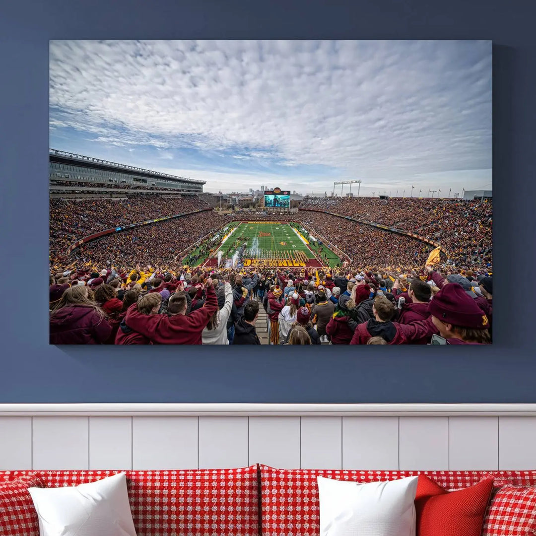 The University of Minnesota Golden Gophers Football Team Print - Minneapolis Huntington Bank Stadium Wall Art Canvas Print features a gallery-quality finish. This premium canvas adds a touch of elegance to your space.