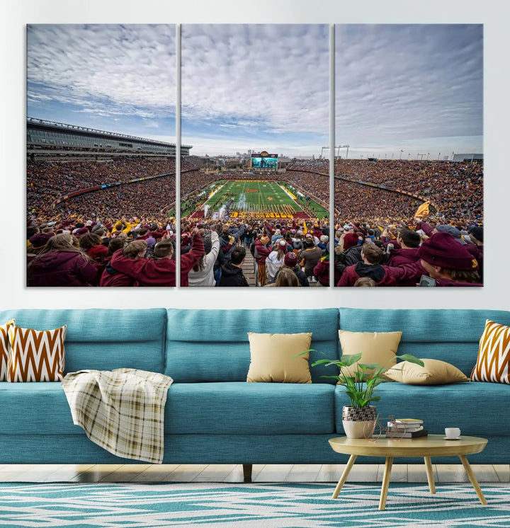 The University of Minnesota Golden Gophers Football Team Print - Minneapolis Huntington Bank Stadium Wall Art Canvas Print features a gallery-quality finish. This premium canvas adds a touch of elegance to your space.