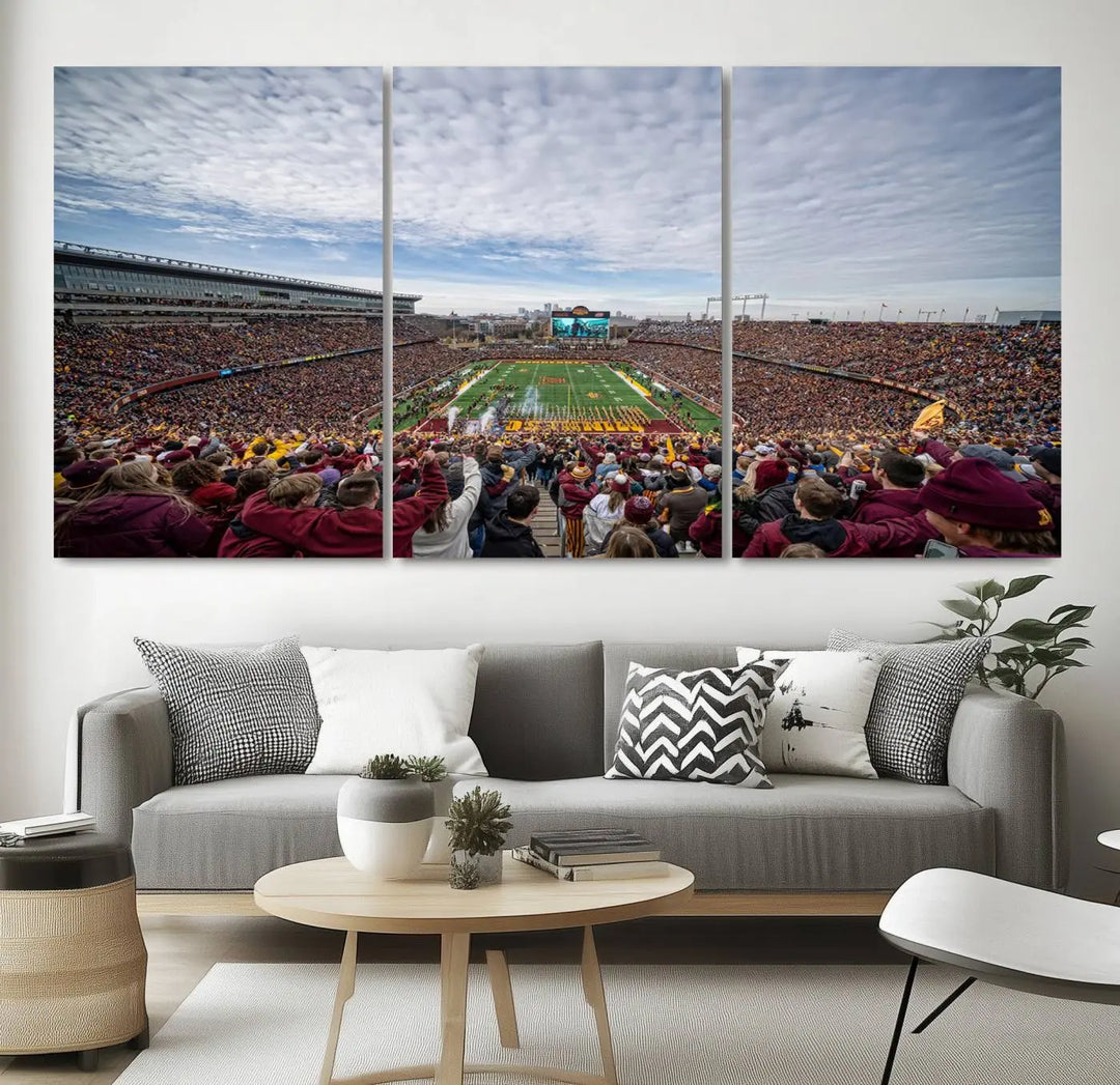 The University of Minnesota Golden Gophers Football Team Print - Minneapolis Huntington Bank Stadium Wall Art Canvas Print features a gallery-quality finish. This premium canvas adds a touch of elegance to your space.