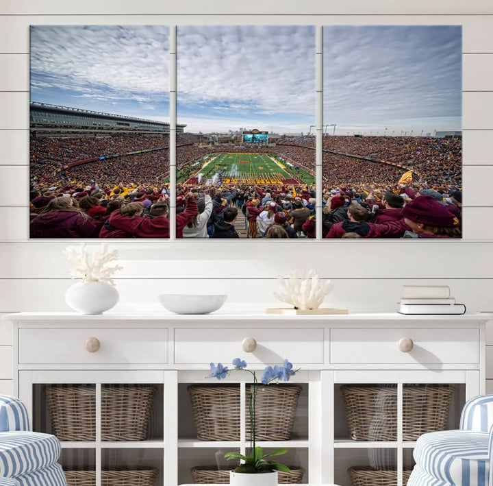 The University of Minnesota Golden Gophers Football Team Print - Minneapolis Huntington Bank Stadium Wall Art Canvas Print features a gallery-quality finish. This premium canvas adds a touch of elegance to your space.