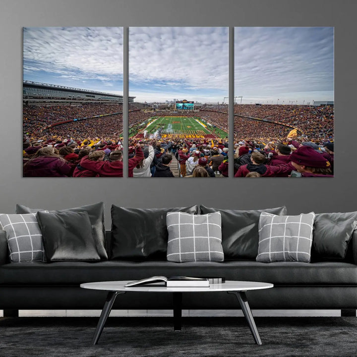 The University of Minnesota Golden Gophers Football Team Print - Minneapolis Huntington Bank Stadium Wall Art Canvas Print features a gallery-quality finish. This premium canvas adds a touch of elegance to your space.