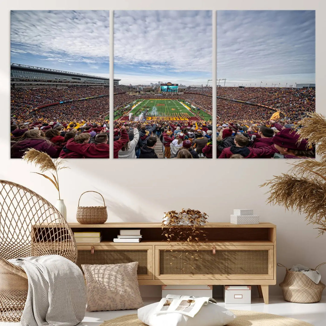 The University of Minnesota Golden Gophers Football Team Print - Minneapolis Huntington Bank Stadium Wall Art Canvas Print features a gallery-quality finish. This premium canvas adds a touch of elegance to your space.