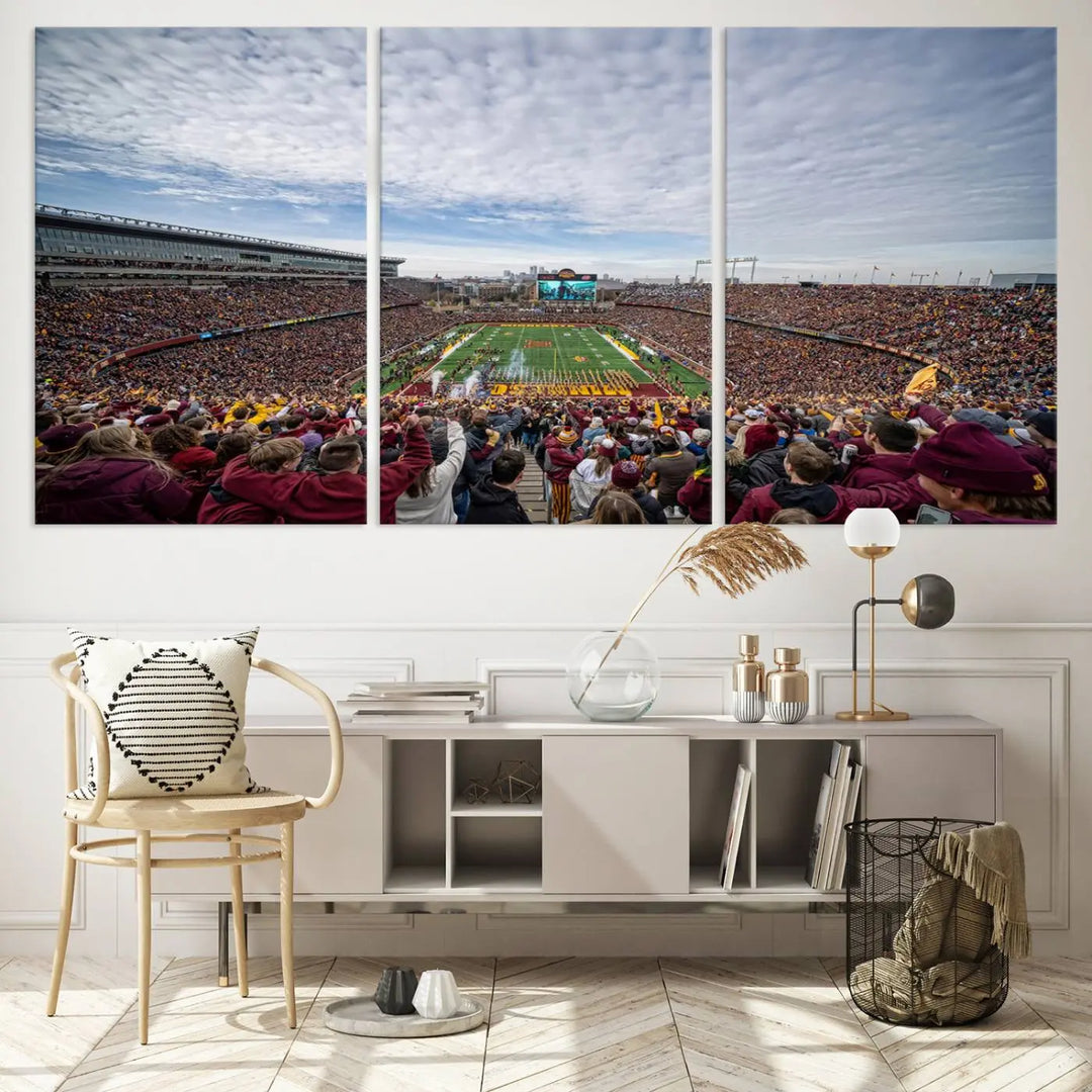 The University of Minnesota Golden Gophers Football Team Print - Minneapolis Huntington Bank Stadium Wall Art Canvas Print features a gallery-quality finish. This premium canvas adds a touch of elegance to your space.