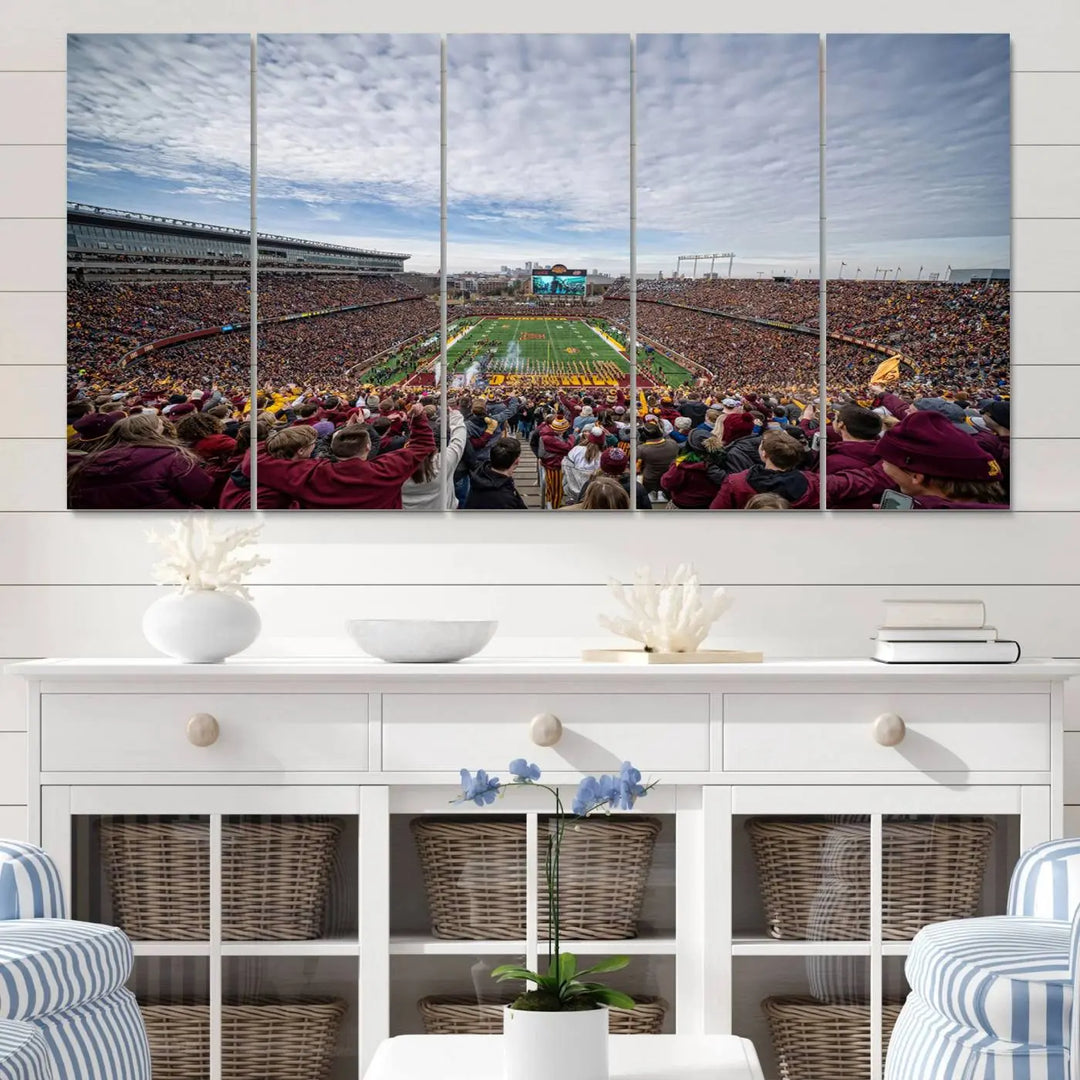 The University of Minnesota Golden Gophers Football Team Print - Minneapolis Huntington Bank Stadium Wall Art Canvas Print features a gallery-quality finish. This premium canvas adds a touch of elegance to your space.