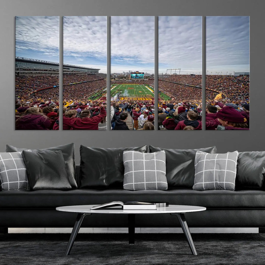 The University of Minnesota Golden Gophers Football Team Print - Minneapolis Huntington Bank Stadium Wall Art Canvas Print features a gallery-quality finish. This premium canvas adds a touch of elegance to your space.