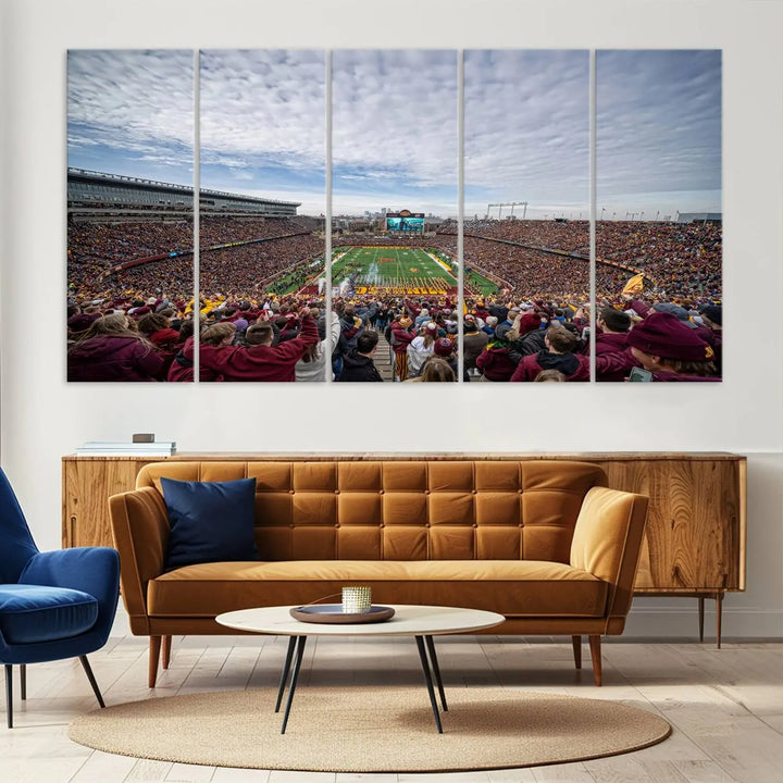 The University of Minnesota Golden Gophers Football Team Print - Minneapolis Huntington Bank Stadium Wall Art Canvas Print features a gallery-quality finish. This premium canvas adds a touch of elegance to your space.