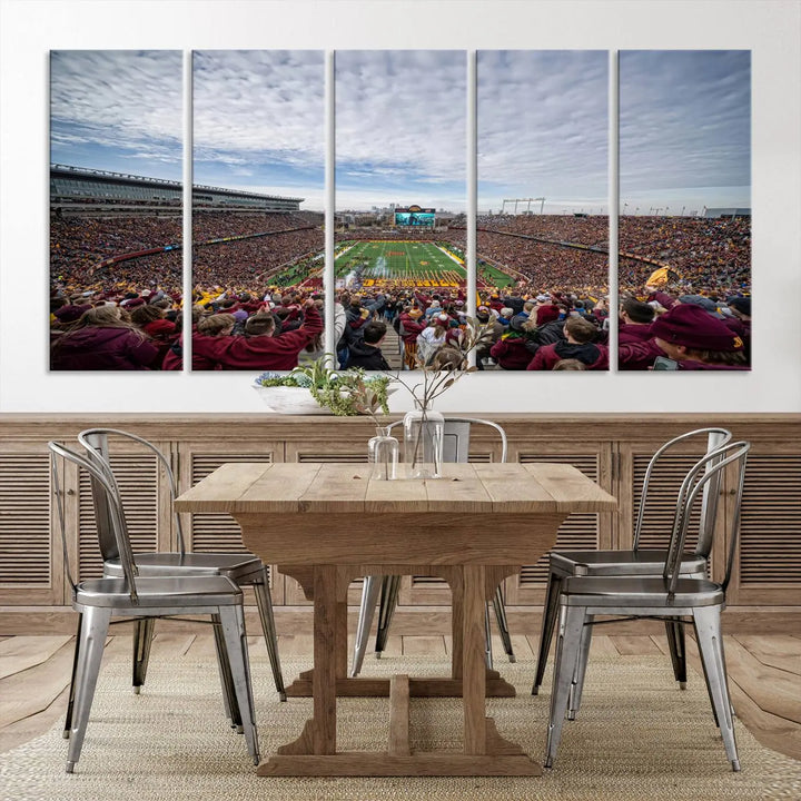 The University of Minnesota Golden Gophers Football Team Print - Minneapolis Huntington Bank Stadium Wall Art Canvas Print features a gallery-quality finish. This premium canvas adds a touch of elegance to your space.