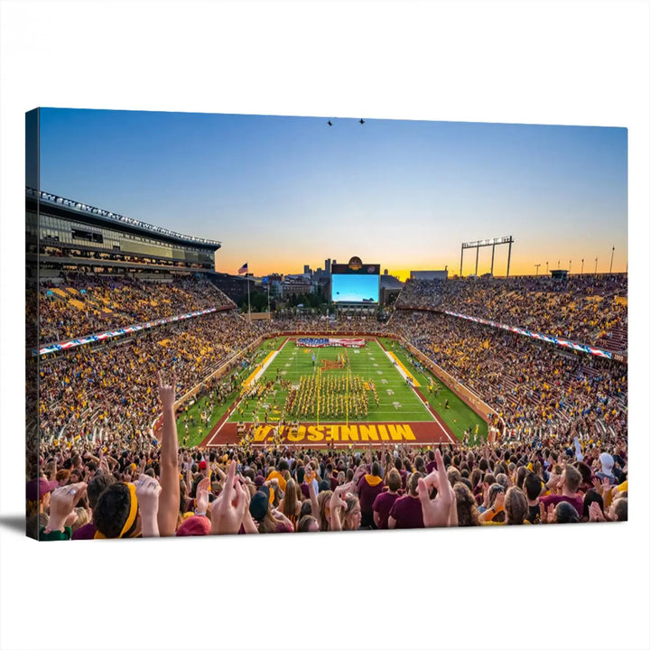 The University of Minnesota Golden Gophers Football Team Print captures the excitement of Minneapolis' Huntington Bank Stadium. This vibrant three-panel wall art showcases an enthusiastic crowd and a clear view of the field. Crafted on premium canvas with a gallery-quality finish, it transforms any space into an exhilarating sports sanctuary.