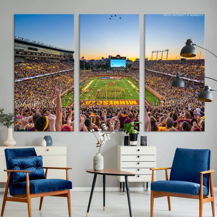 The University of Minnesota Golden Gophers Football Team Print captures the excitement of Minneapolis' Huntington Bank Stadium. This vibrant three-panel wall art showcases an enthusiastic crowd and a clear view of the field. Crafted on premium canvas with a gallery-quality finish, it transforms any space into an exhilarating sports sanctuary.