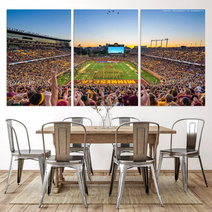 The University of Minnesota Golden Gophers Football Team Print captures the excitement of Minneapolis' Huntington Bank Stadium. This vibrant three-panel wall art showcases an enthusiastic crowd and a clear view of the field. Crafted on premium canvas with a gallery-quality finish, it transforms any space into an exhilarating sports sanctuary.