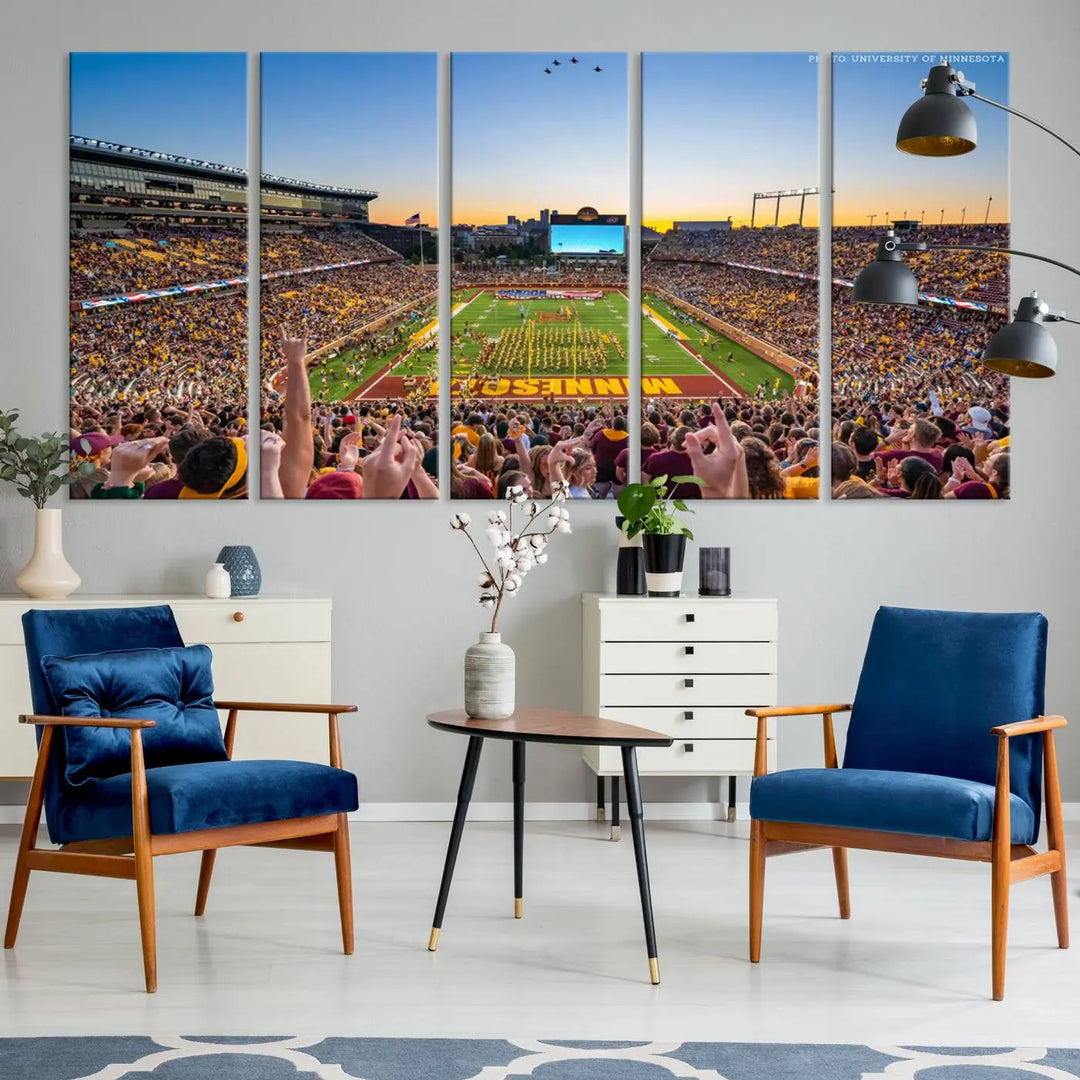 The University of Minnesota Golden Gophers Football Team Print captures the excitement of Minneapolis' Huntington Bank Stadium. This vibrant three-panel wall art showcases an enthusiastic crowd and a clear view of the field. Crafted on premium canvas with a gallery-quality finish, it transforms any space into an exhilarating sports sanctuary.