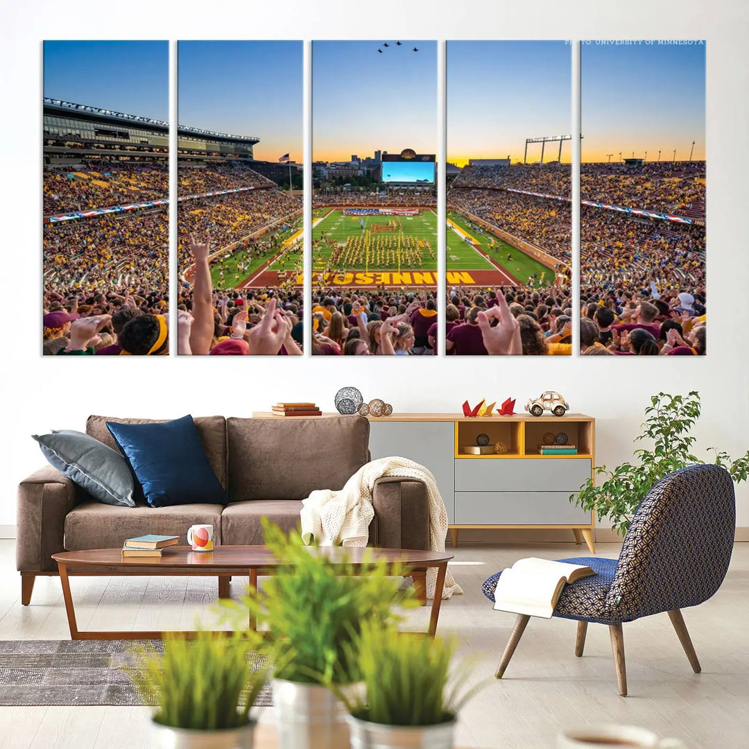 The University of Minnesota Golden Gophers Football Team Print captures the excitement of Minneapolis' Huntington Bank Stadium. This vibrant three-panel wall art showcases an enthusiastic crowd and a clear view of the field. Crafted on premium canvas with a gallery-quality finish, it transforms any space into an exhilarating sports sanctuary.