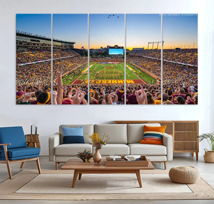 The University of Minnesota Golden Gophers Football Team Print captures the excitement of Minneapolis' Huntington Bank Stadium. This vibrant three-panel wall art showcases an enthusiastic crowd and a clear view of the field. Crafted on premium canvas with a gallery-quality finish, it transforms any space into an exhilarating sports sanctuary.