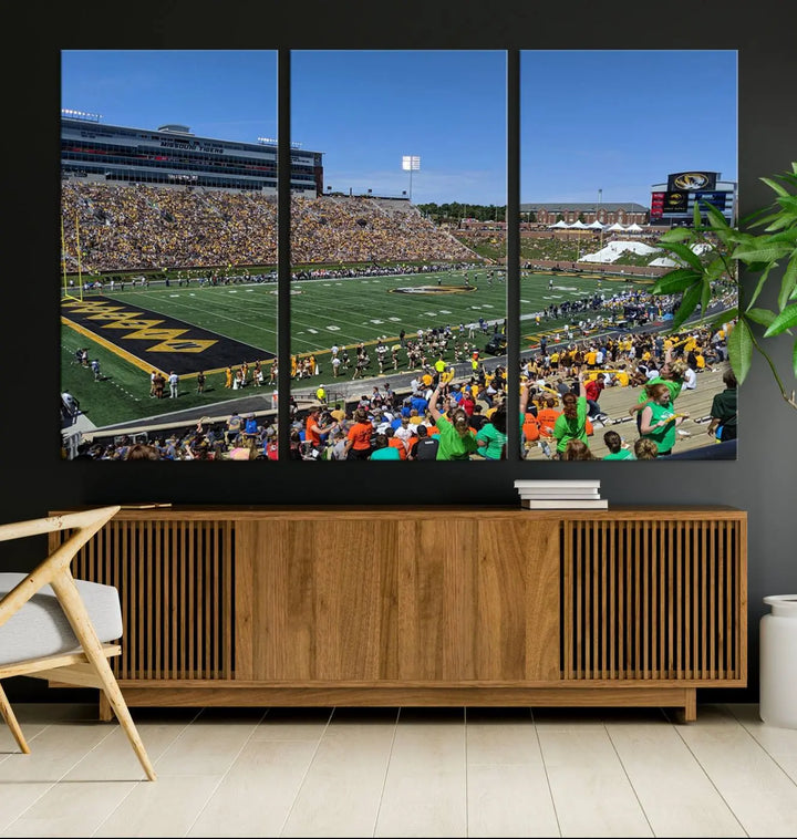 The "University of Missouri Tigers Football Team Print - Columbia Faurot Field at Memorial Stadium Wall Art Canvas Print" adds a gallery-quality finish to the modern living room, displaying a football stadium scene.