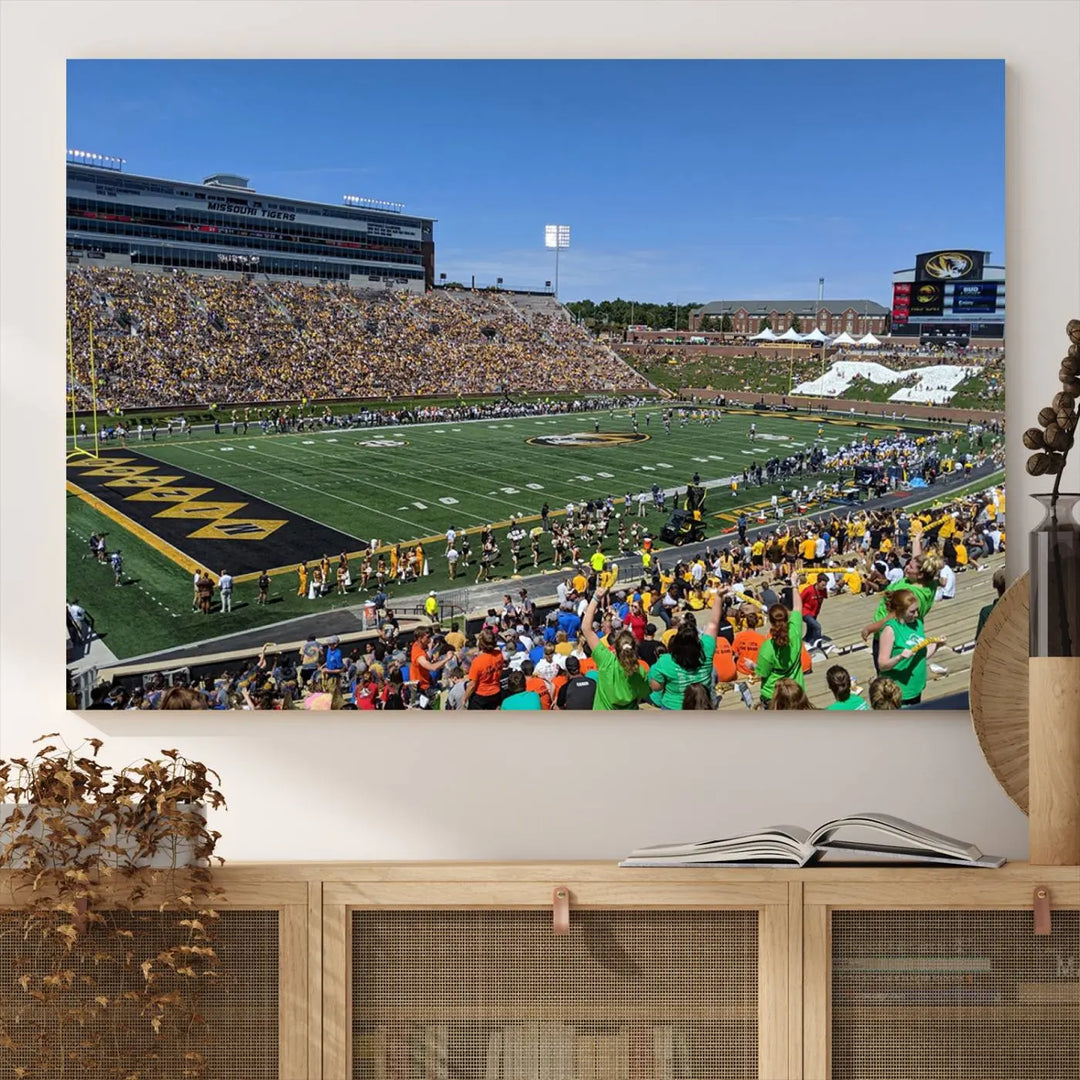 The "University of Missouri Tigers Football Team Print - Columbia Faurot Field at Memorial Stadium Wall Art Canvas Print" adds a gallery-quality finish to the modern living room, displaying a football stadium scene.