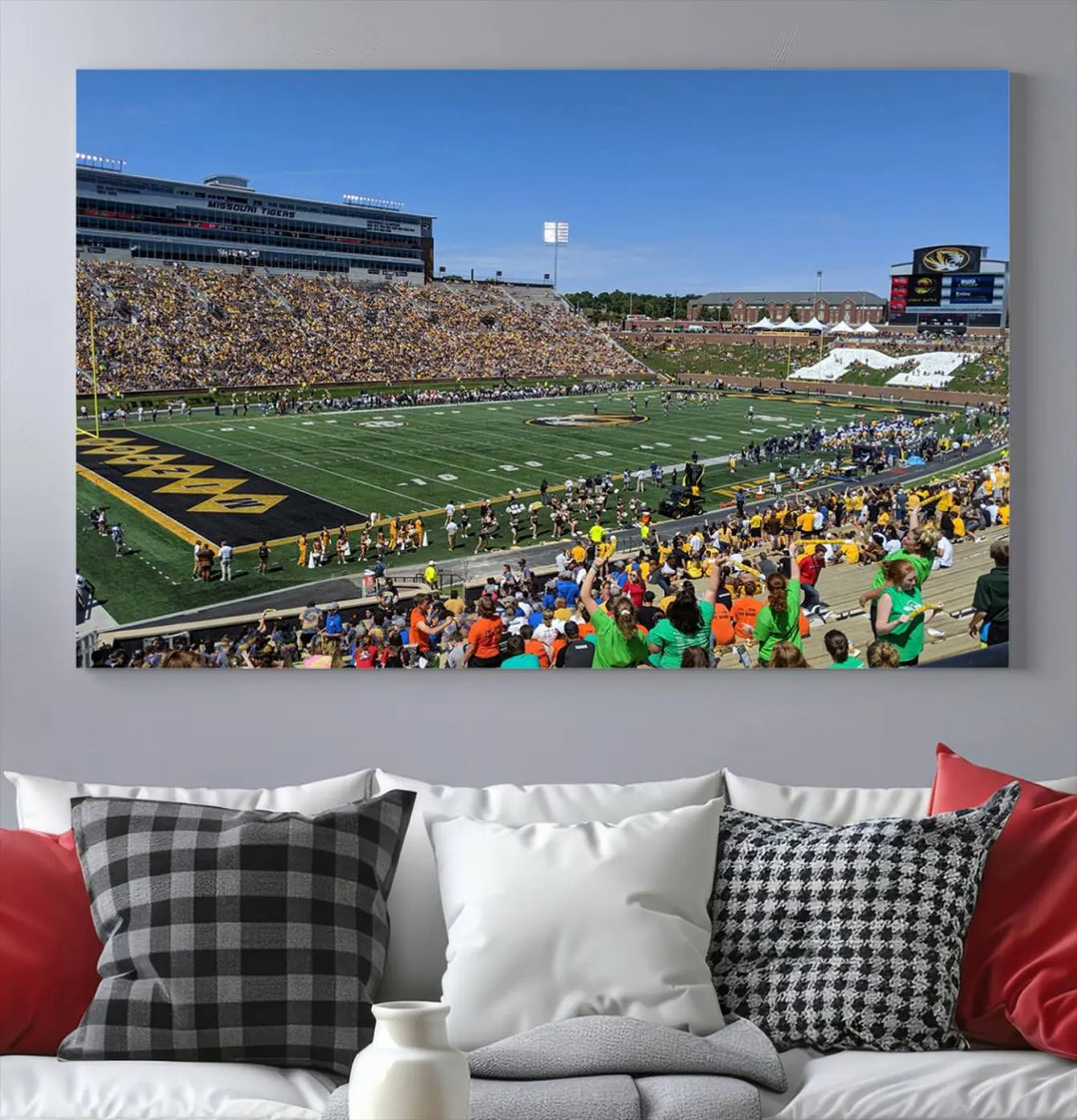 The "University of Missouri Tigers Football Team Print - Columbia Faurot Field at Memorial Stadium Wall Art Canvas Print" adds a gallery-quality finish to the modern living room, displaying a football stadium scene.