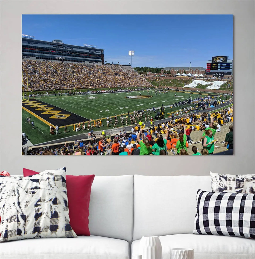 The "University of Missouri Tigers Football Team Print - Columbia Faurot Field at Memorial Stadium Wall Art Canvas Print" adds a gallery-quality finish to the modern living room, displaying a football stadium scene.