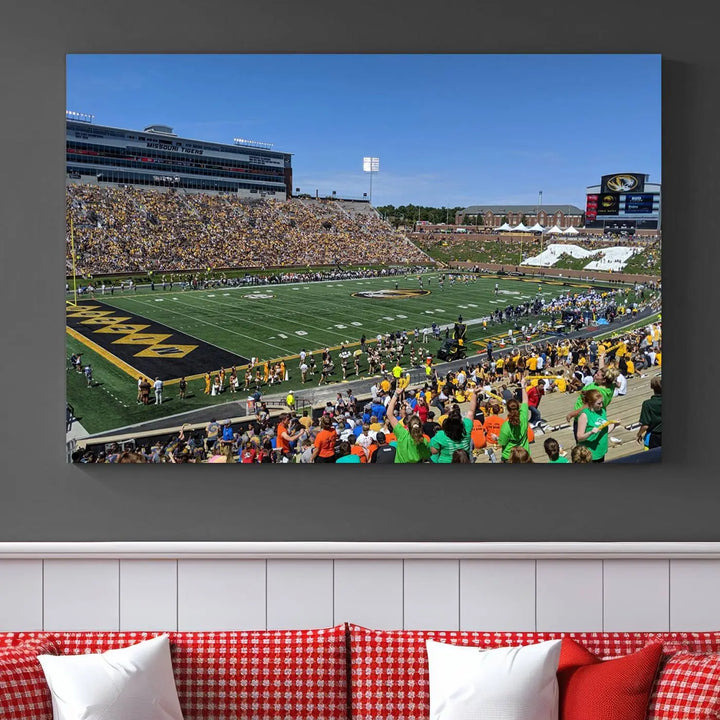 The "University of Missouri Tigers Football Team Print - Columbia Faurot Field at Memorial Stadium Wall Art Canvas Print" adds a gallery-quality finish to the modern living room, displaying a football stadium scene.