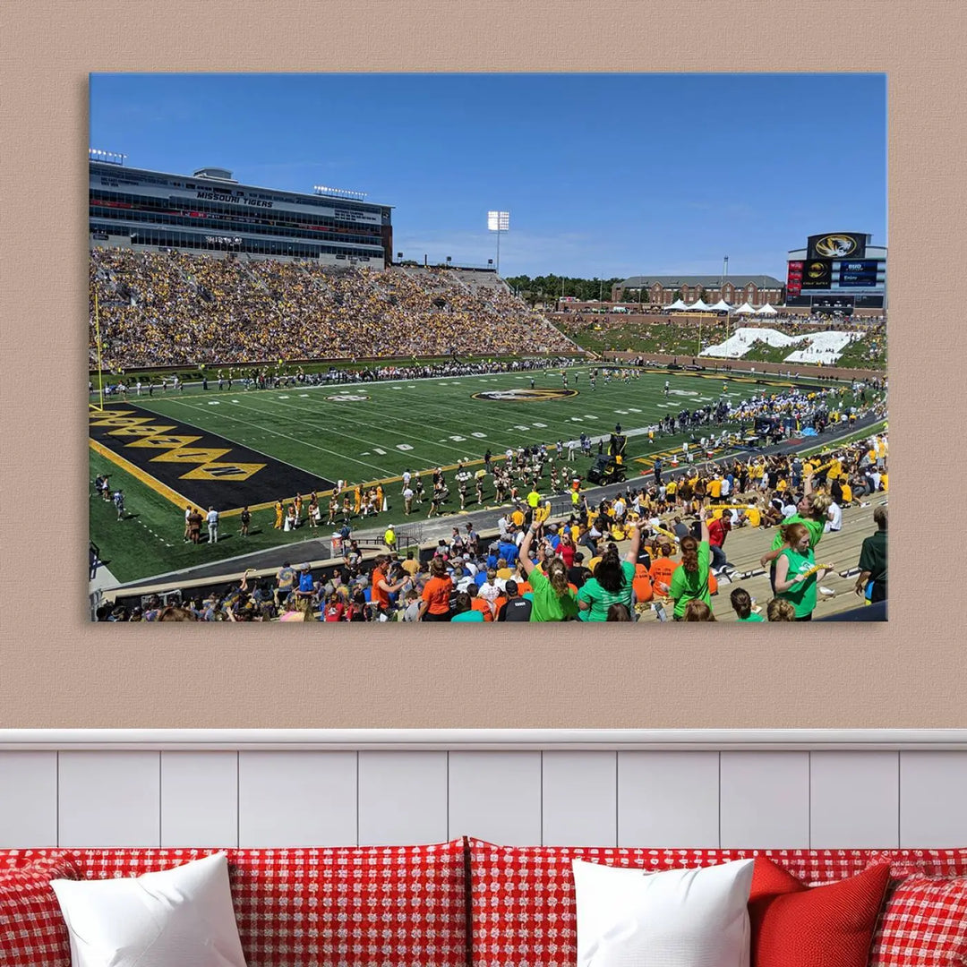 The "University of Missouri Tigers Football Team Print - Columbia Faurot Field at Memorial Stadium Wall Art Canvas Print" adds a gallery-quality finish to the modern living room, displaying a football stadium scene.