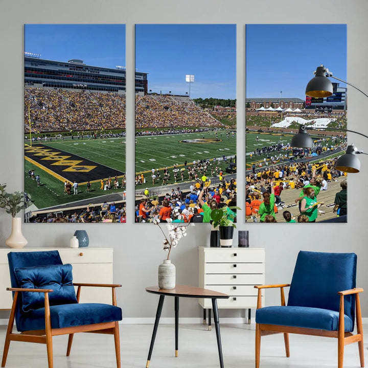 The "University of Missouri Tigers Football Team Print - Columbia Faurot Field at Memorial Stadium Wall Art Canvas Print" adds a gallery-quality finish to the modern living room, displaying a football stadium scene.