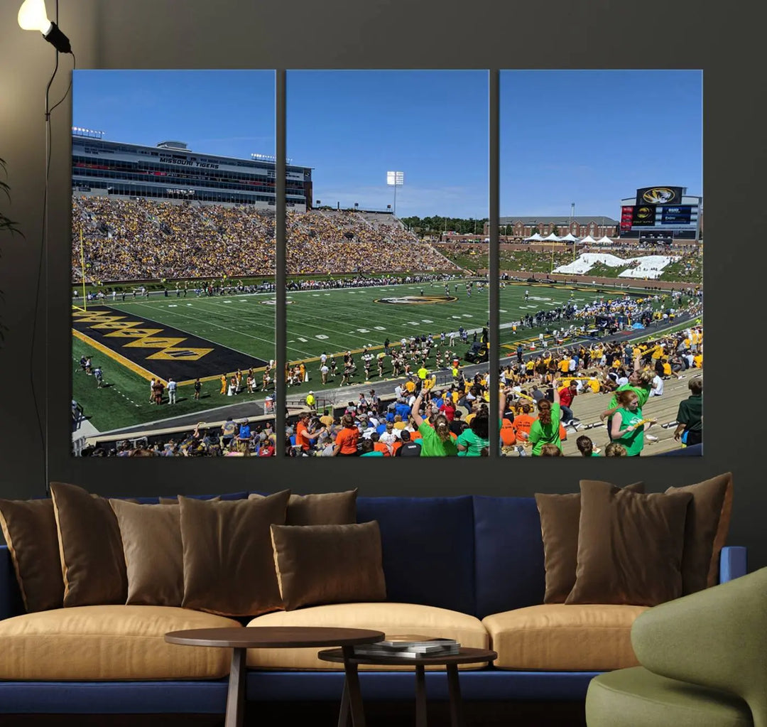 The "University of Missouri Tigers Football Team Print - Columbia Faurot Field at Memorial Stadium Wall Art Canvas Print" adds a gallery-quality finish to the modern living room, displaying a football stadium scene.