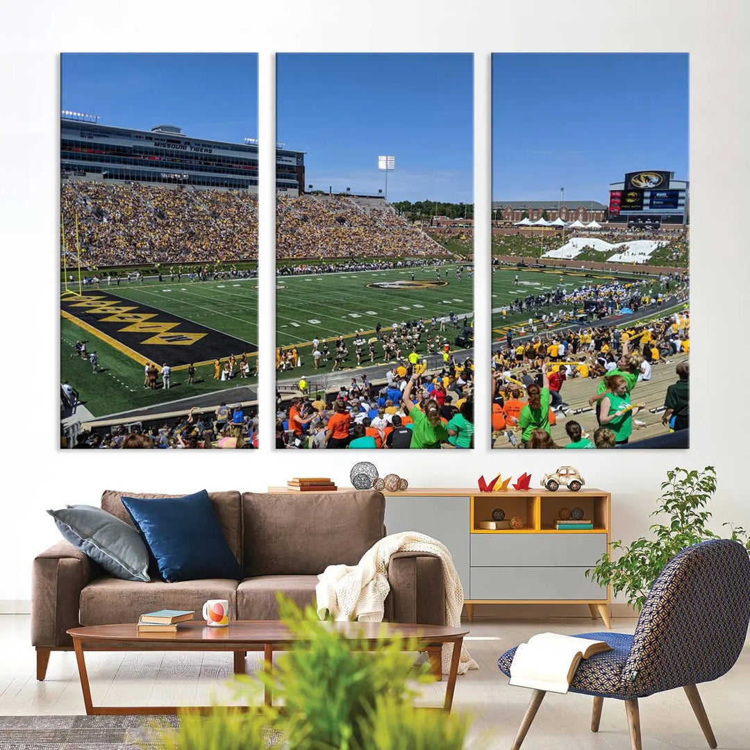 The "University of Missouri Tigers Football Team Print - Columbia Faurot Field at Memorial Stadium Wall Art Canvas Print" adds a gallery-quality finish to the modern living room, displaying a football stadium scene.