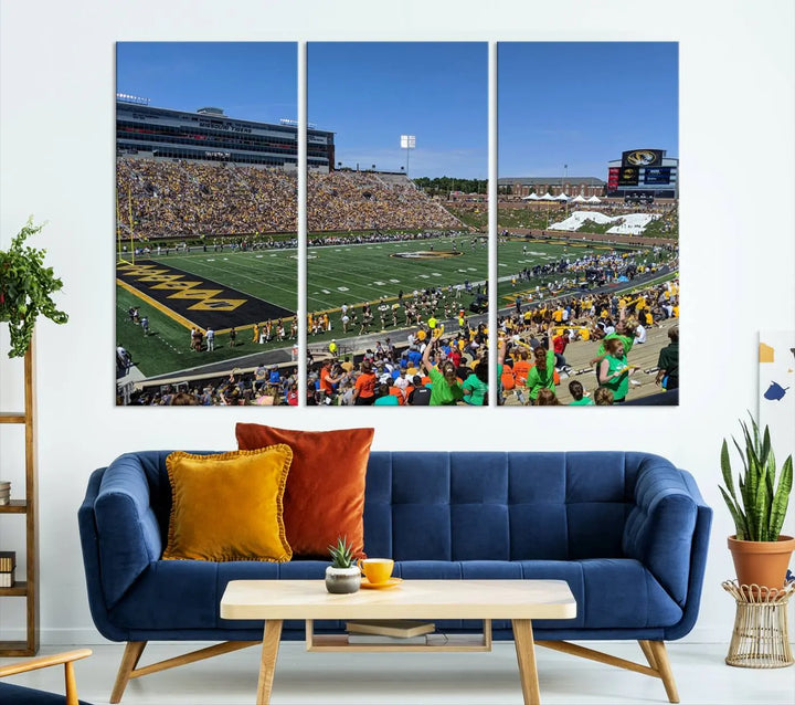 The "University of Missouri Tigers Football Team Print - Columbia Faurot Field at Memorial Stadium Wall Art Canvas Print" adds a gallery-quality finish to the modern living room, displaying a football stadium scene.