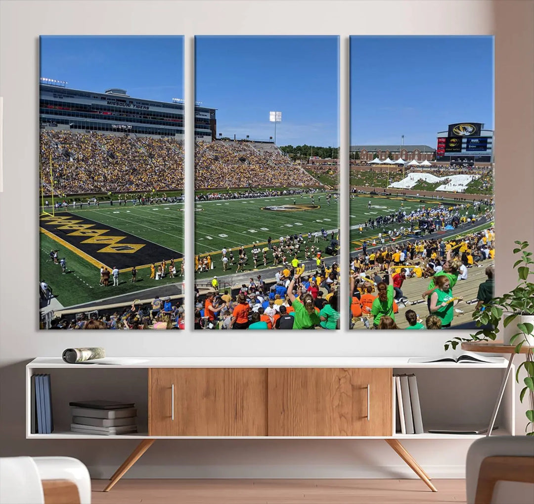 The "University of Missouri Tigers Football Team Print - Columbia Faurot Field at Memorial Stadium Wall Art Canvas Print" adds a gallery-quality finish to the modern living room, displaying a football stadium scene.