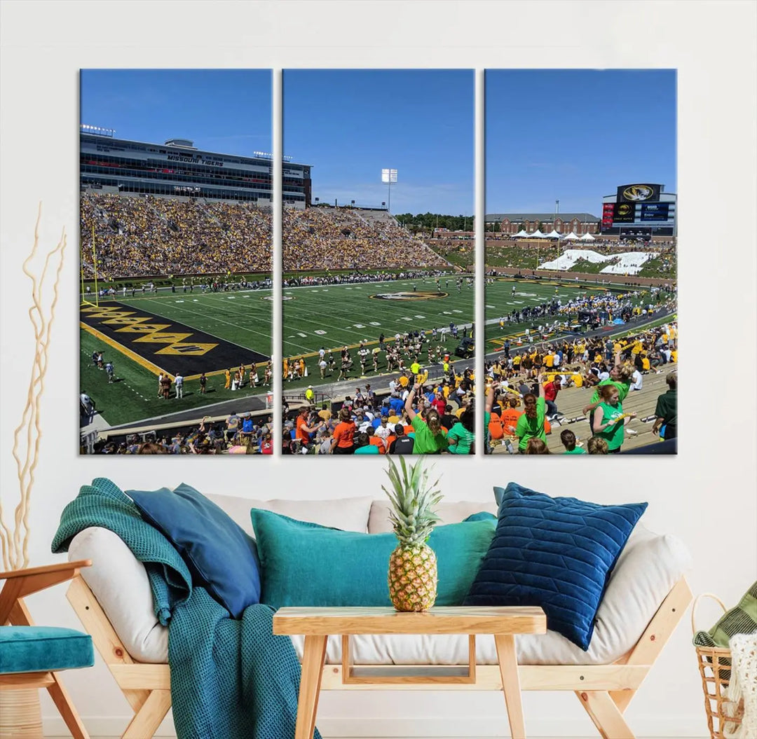 The "University of Missouri Tigers Football Team Print - Columbia Faurot Field at Memorial Stadium Wall Art Canvas Print" adds a gallery-quality finish to the modern living room, displaying a football stadium scene.