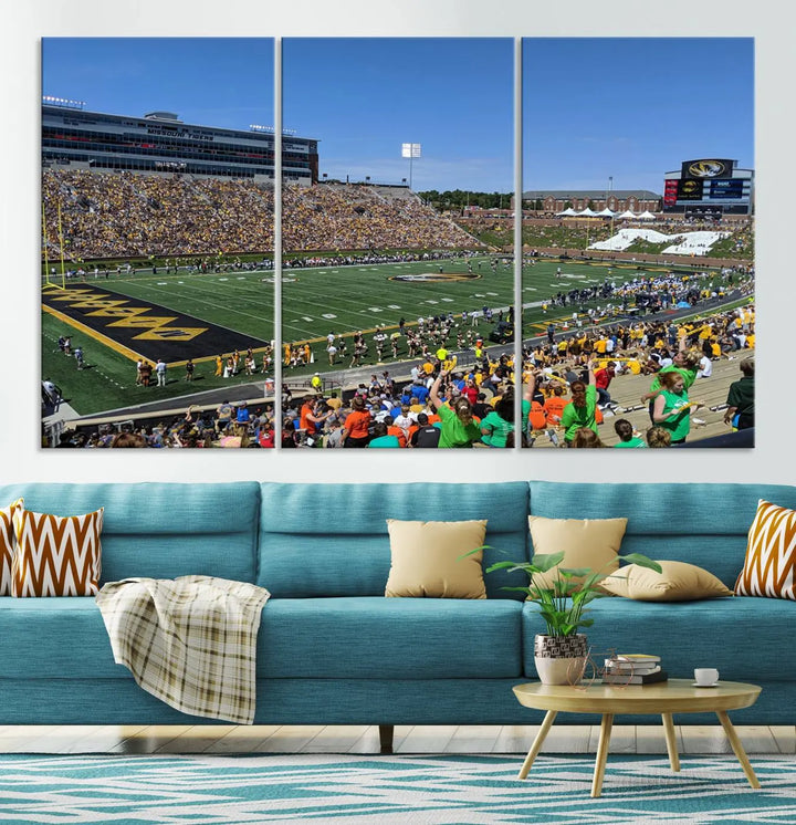 The "University of Missouri Tigers Football Team Print - Columbia Faurot Field at Memorial Stadium Wall Art Canvas Print" adds a gallery-quality finish to the modern living room, displaying a football stadium scene.