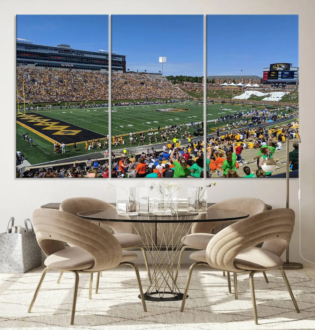 The "University of Missouri Tigers Football Team Print - Columbia Faurot Field at Memorial Stadium Wall Art Canvas Print" adds a gallery-quality finish to the modern living room, displaying a football stadium scene.