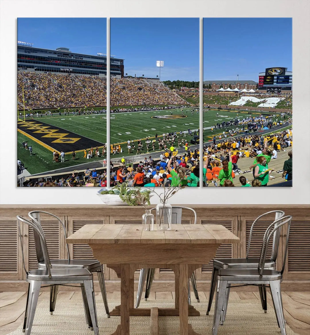 The "University of Missouri Tigers Football Team Print - Columbia Faurot Field at Memorial Stadium Wall Art Canvas Print" adds a gallery-quality finish to the modern living room, displaying a football stadium scene.