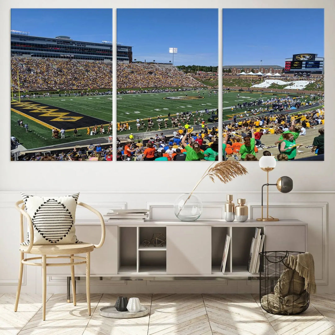 The "University of Missouri Tigers Football Team Print - Columbia Faurot Field at Memorial Stadium Wall Art Canvas Print" adds a gallery-quality finish to the modern living room, displaying a football stadium scene.