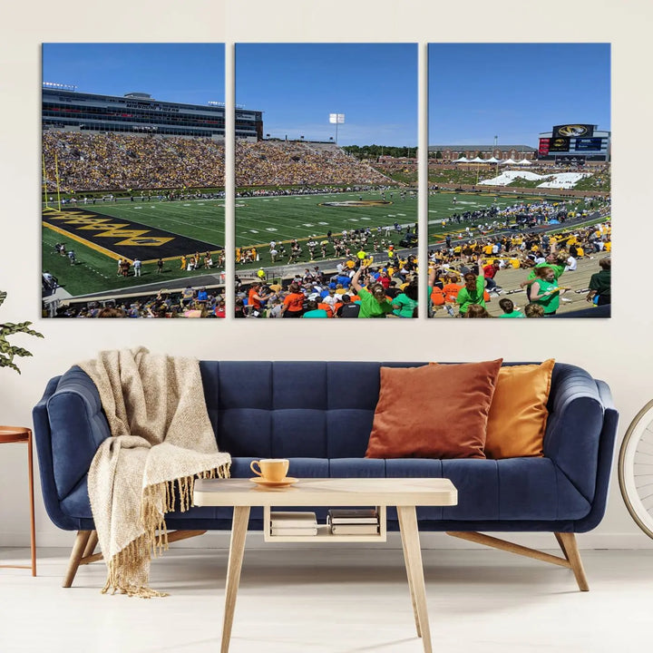 The "University of Missouri Tigers Football Team Print - Columbia Faurot Field at Memorial Stadium Wall Art Canvas Print" adds a gallery-quality finish to the modern living room, displaying a football stadium scene.