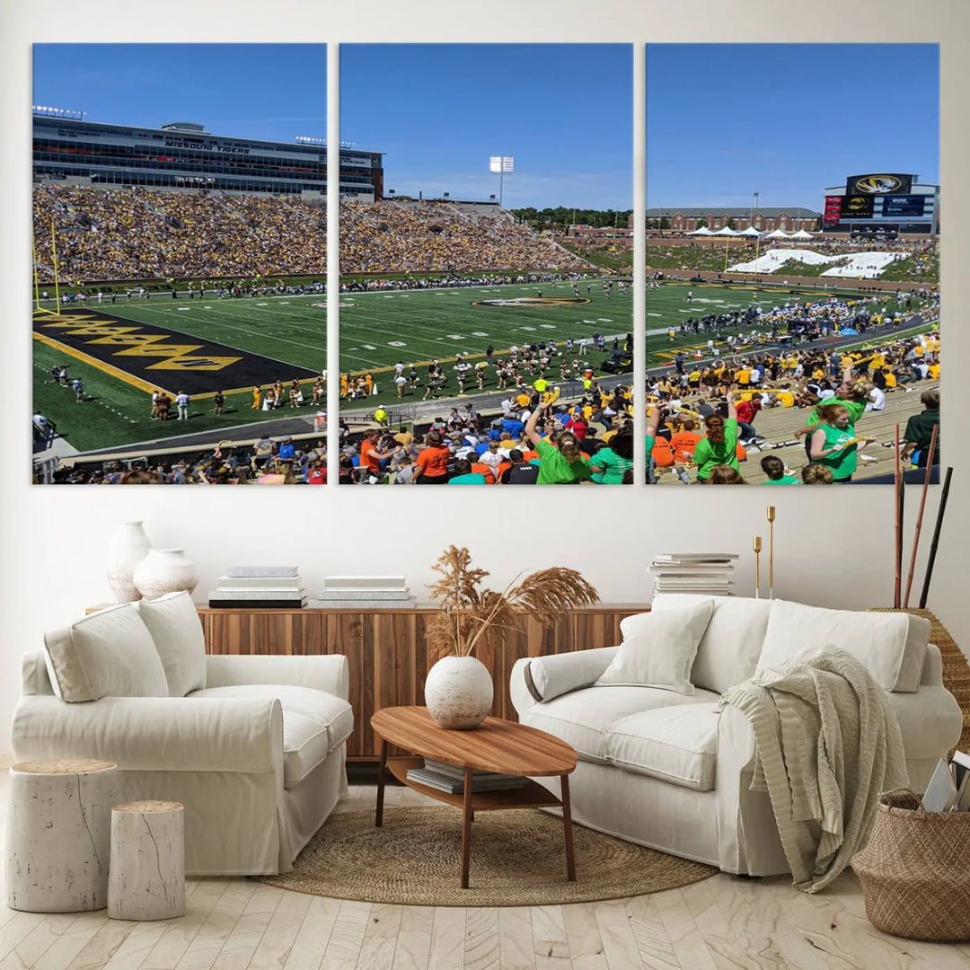 The "University of Missouri Tigers Football Team Print - Columbia Faurot Field at Memorial Stadium Wall Art Canvas Print" adds a gallery-quality finish to the modern living room, displaying a football stadium scene.