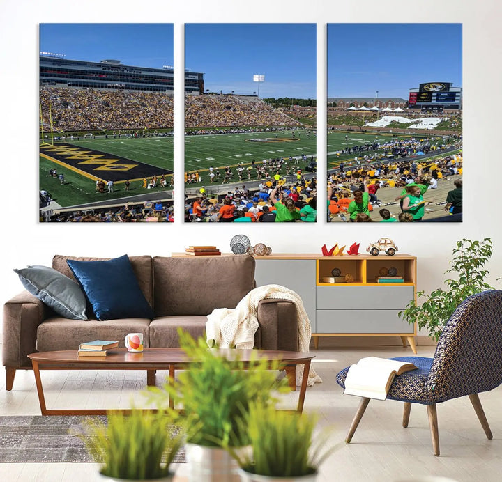 The "University of Missouri Tigers Football Team Print - Columbia Faurot Field at Memorial Stadium Wall Art Canvas Print" adds a gallery-quality finish to the modern living room, displaying a football stadium scene.