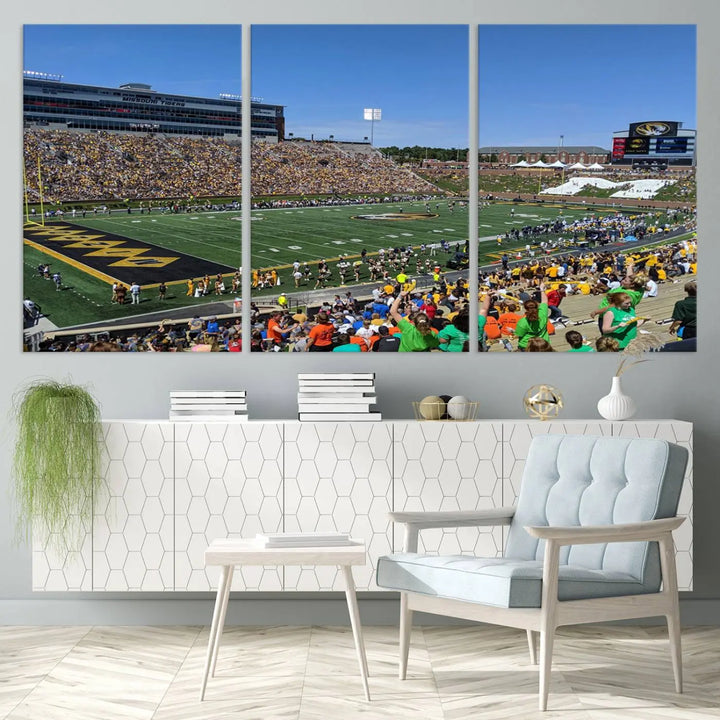 The "University of Missouri Tigers Football Team Print - Columbia Faurot Field at Memorial Stadium Wall Art Canvas Print" adds a gallery-quality finish to the modern living room, displaying a football stadium scene.