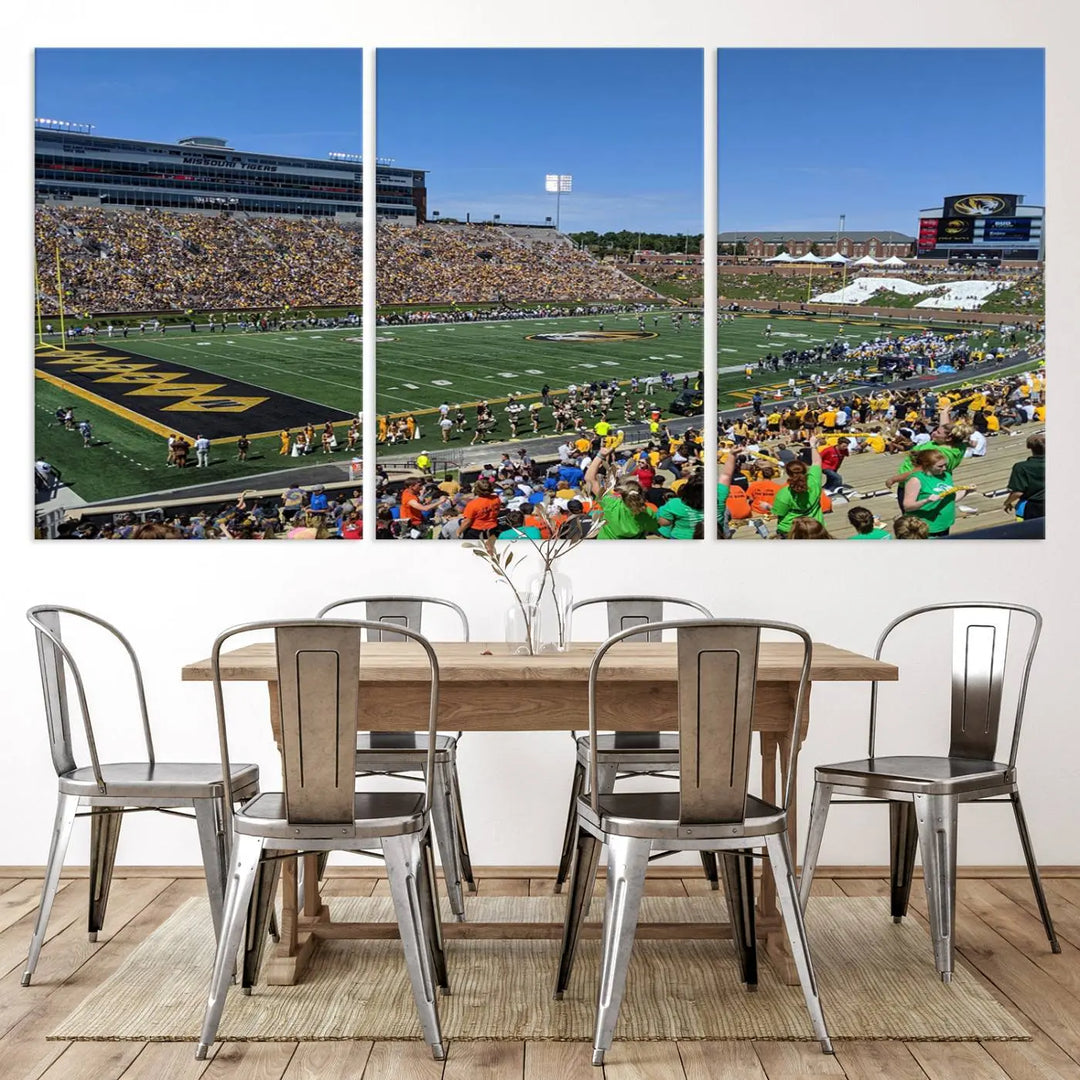 The "University of Missouri Tigers Football Team Print - Columbia Faurot Field at Memorial Stadium Wall Art Canvas Print" adds a gallery-quality finish to the modern living room, displaying a football stadium scene.