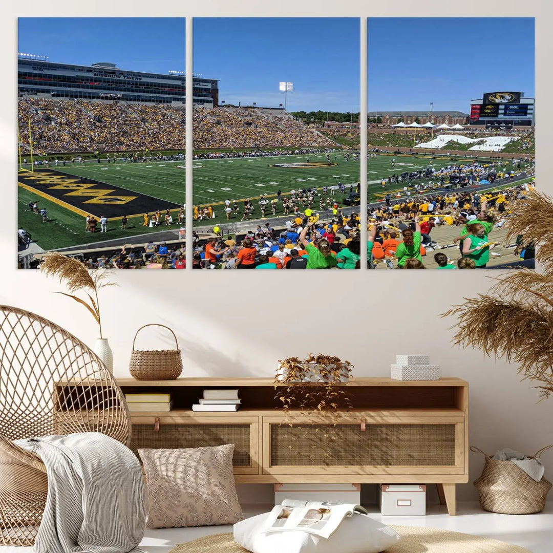 The "University of Missouri Tigers Football Team Print - Columbia Faurot Field at Memorial Stadium Wall Art Canvas Print" adds a gallery-quality finish to the modern living room, displaying a football stadium scene.