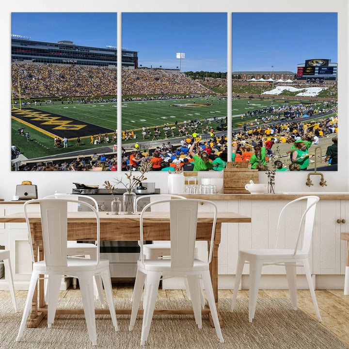 The "University of Missouri Tigers Football Team Print - Columbia Faurot Field at Memorial Stadium Wall Art Canvas Print" adds a gallery-quality finish to the modern living room, displaying a football stadium scene.