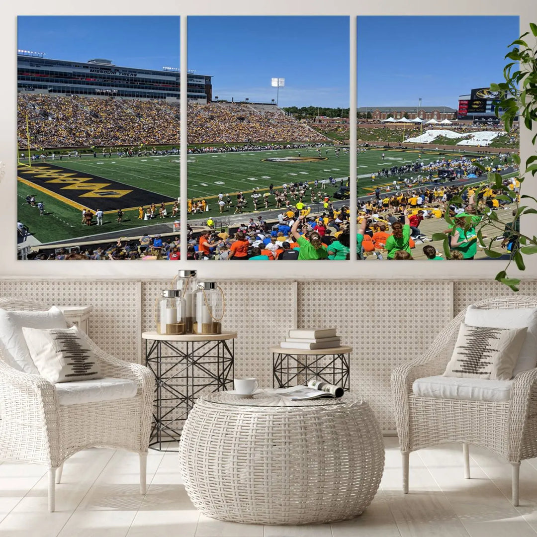 The "University of Missouri Tigers Football Team Print - Columbia Faurot Field at Memorial Stadium Wall Art Canvas Print" adds a gallery-quality finish to the modern living room, displaying a football stadium scene.