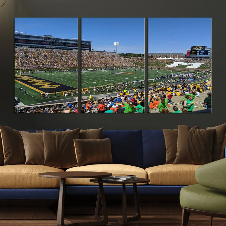 The "University of Missouri Tigers Football Team Print - Columbia Faurot Field at Memorial Stadium Wall Art Canvas Print" adds a gallery-quality finish to the modern living room, displaying a football stadium scene.