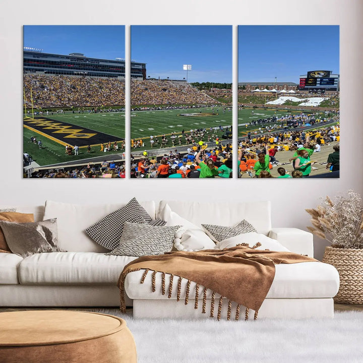 The "University of Missouri Tigers Football Team Print - Columbia Faurot Field at Memorial Stadium Wall Art Canvas Print" adds a gallery-quality finish to the modern living room, displaying a football stadium scene.